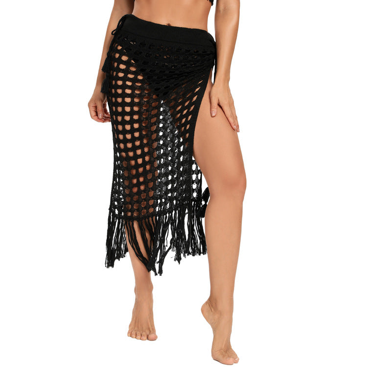 Beach Skirt women's clothing sexy see-through hollow knitted skirt slit fringed on top of Bikini bottom