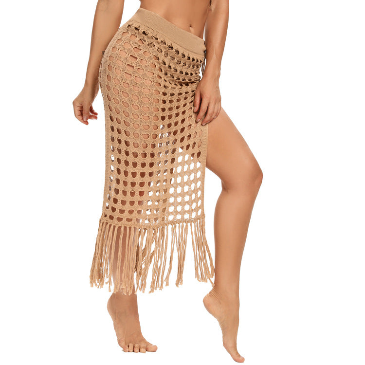 Beach Skirt women's clothing sexy see-through hollow knitted skirt slit fringed on top of Bikini bottom