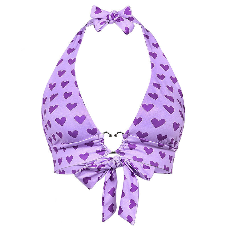 Bikini Top sexy sweet love print metal buckle halter strap bra vest outside wearing suspender corset