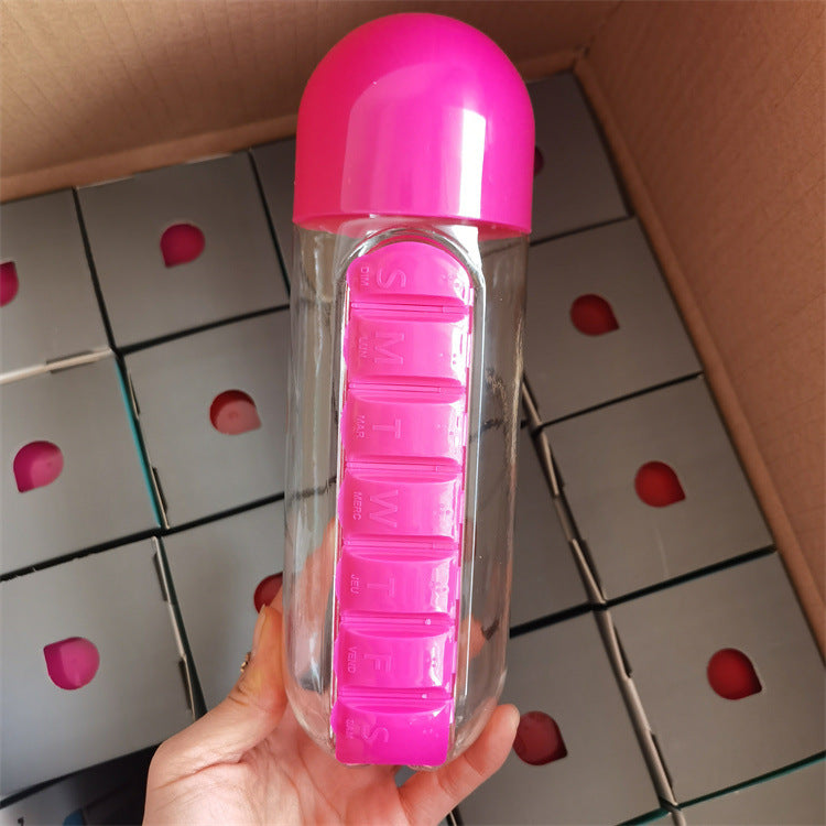 2 in 1 water cup medicine box 7 compartments outdoor portable water bottle one week medicine box water cup large-capacity