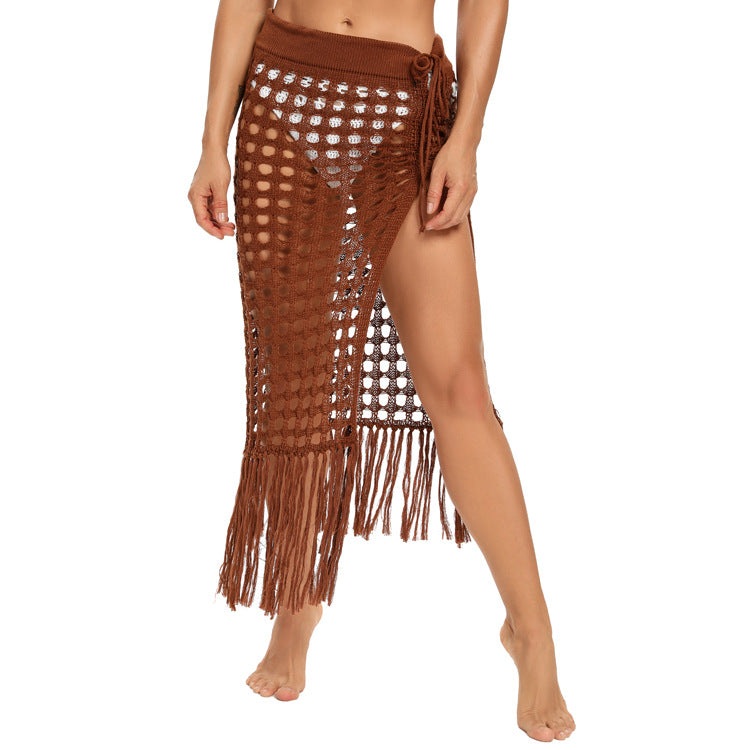 Beach Skirt women's clothing sexy see-through hollow knitted skirt slit fringed on top of Bikini bottom