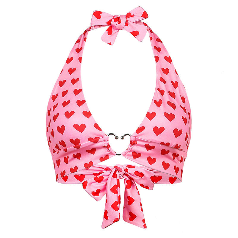 Bikini Top sexy sweet love print metal buckle halter strap bra vest outside wearing suspender corset