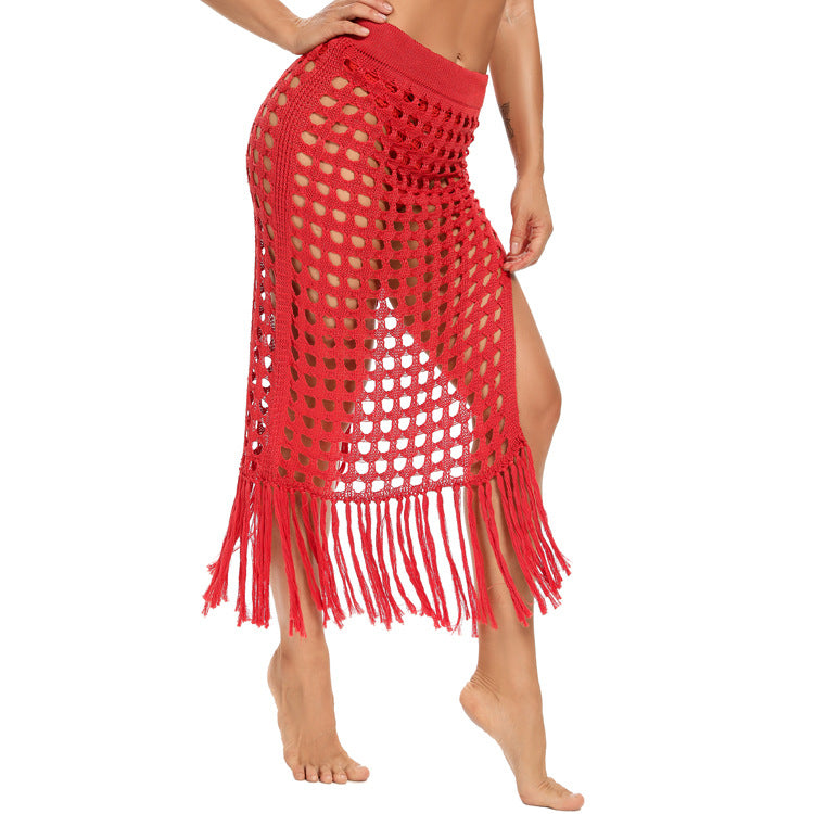 Beach Skirt women's clothing sexy see-through hollow knitted skirt slit fringed on top of Bikini bottom